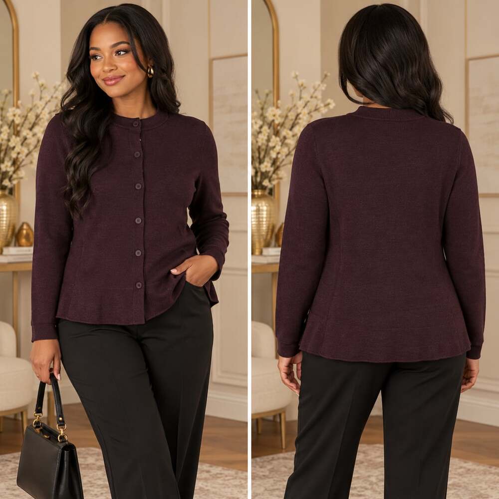Quiet Luxury Merino Wool Eileen Fisher Plum Button Front Cardigan M